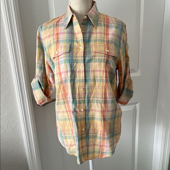 Ralph Lauren Multicolor Plaid Casual Linen Blend Roll Tab Sleeves Pockets - Picture 1 of 6